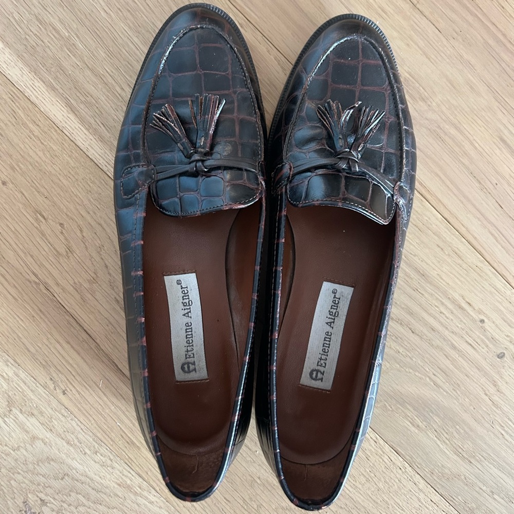 Etienne Aigner Brown Croc-Embossed Leather Tassel Loafers